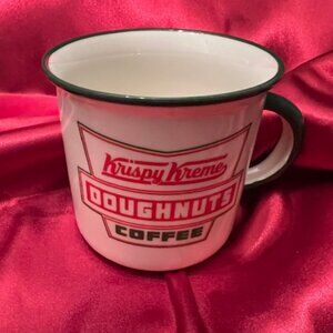 Ceramic Krispy Kreme Doughnuts camp-style coffee mug. Classic Red & Green Logo